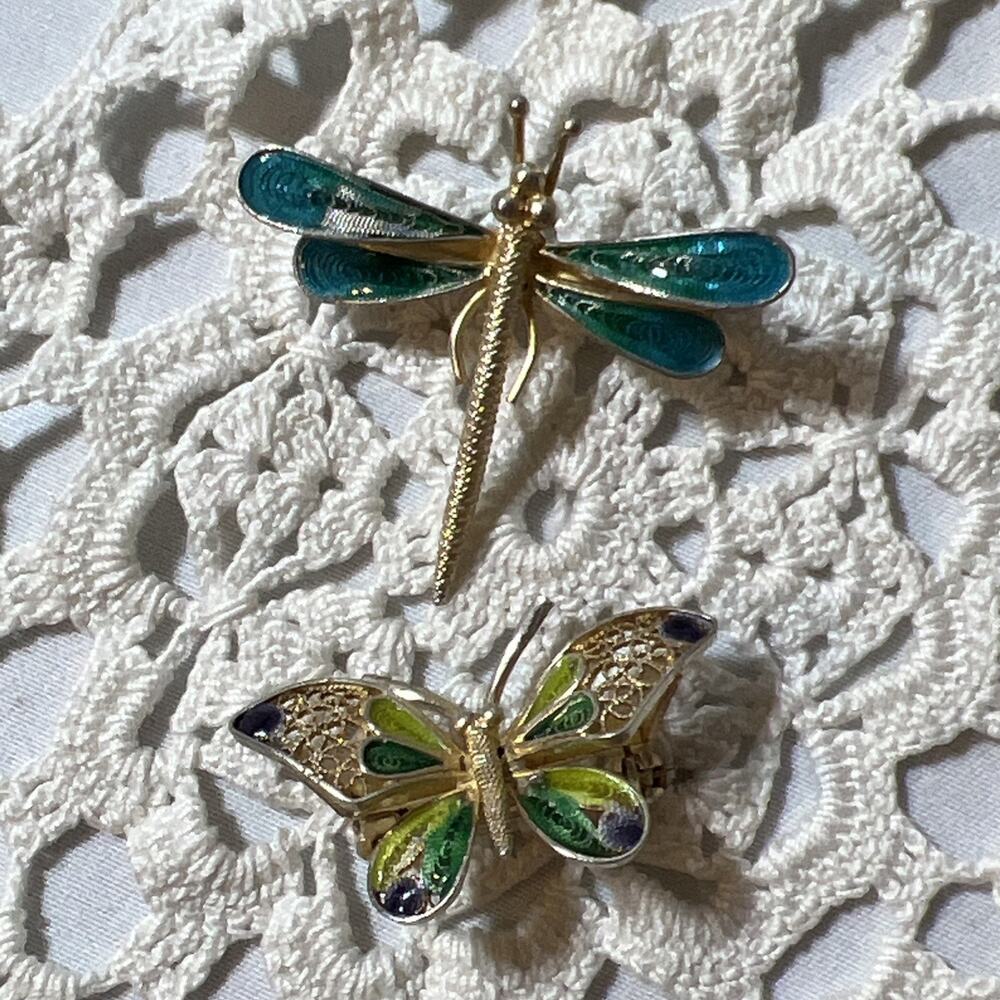 Vintage Lot of 2 Enamel Filigree Butterfly & Dragonfly 800 Silver Brooch Pins